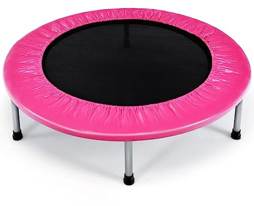 SPOTRAVEL Mini Outdoor Trampoline, Foldable Fitness Rebounder with Protective Cover, Portable Indoor Exercise Bouncer for Kids Adults (38”, Pink, without Handrail)