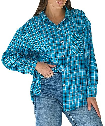 ORANDESIGNE Chemisier Carreaux Femme Chemise T-Shirt Casual Décontractée Classique Retro Ecossaise Flanelle Blouse Gilet Vintage I Bleu L