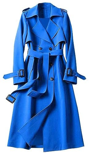 Manteau long pour femme avec ceinture - Élégant - Longueur genou - Trench - Coupe-vent - Coupe-vent - Avec poches, bleu, XXL