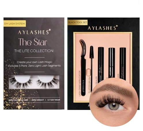 AYLASHES - DIY Wimpernextensions Starter Set THE STAR | 6 Paar Wimpern, Applikator, Wimpernkleber, Top Coat Sealer schwarz, Lash Remover | Wimpern DIY Set für zu Hause | bis zu 7 Tage Halt