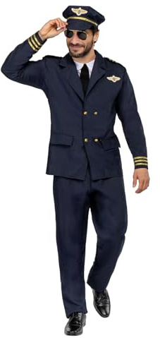 Funidelia Disfraz de piloto de aviones para hombre, Traje original con pechera, corbata, pantalón y gorra, Disfraces de Carnaval, Halloween y Fiestas – Talla S