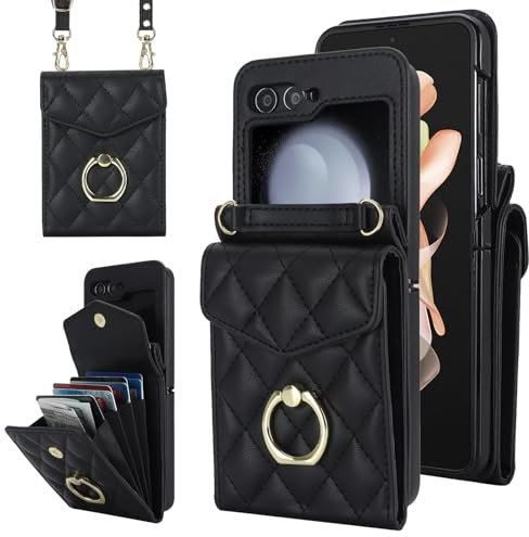 SINQERISHT Handykette Handyhülle für Samsung Galaxy Z Flip 5 5G Wallet Hülle PU Leder Case mit Kartenfach& 360° Ring Ständer Klapphülle Magnetverschluss Cover(Schwarz)