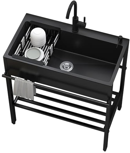 Fregadero Cocina Fregadero De Inox Independiente, Kit De Fregadero 55 68 80cm×45cm×86cm Fregadero De Comercial, Negro Mueble Fregadero Lavabo De Cocina Con Escurridor, Barra De Toalla