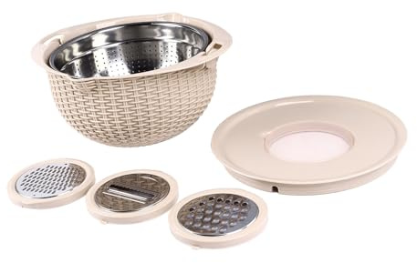 4 in 1 Vielseitige Gemüse- und Obstwaschkombination mit Drehbarem Edelstahl Sieb und Schneidwerkzeugen, ergonomischem Griff für die (Beige)