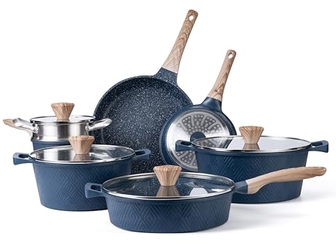 Country Kitchen Non-Stick Cast Aluminum Cookware Set - Durable Kitchen Cookware for Everyday Cooking, Navy, 13 Pc.