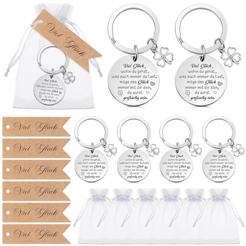 Photect 6 Set Dankeschön Geschenk 6 Inspirierender Schlüsselanhänger mit Vierblättrigem Kleeblatt 6 Etiketten 6 Organzasäckchen für Kollege Lehrer Student Abschlusssaison Abschiedsgeschenk(Viel Glück)
