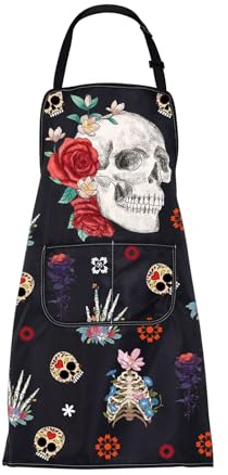 ENSIANTH Skull Cooking Apron with Pockets Skeleton Lover Gifts Funny Skull Head Gifts Kitchen Chef Cooking BBQ Grill Apron