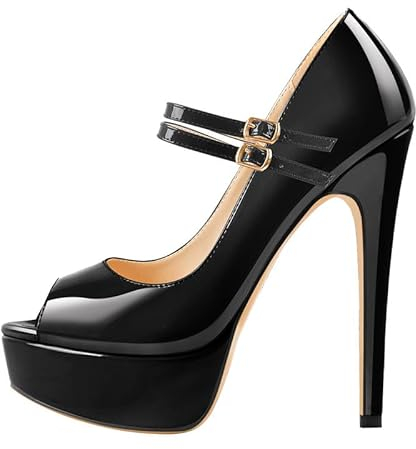 MissHeel Plateau Mary Janes Mesh Riemchenpumps High Heels Schnallen Knöchelschnallen Schwarze Pumps 43 EU