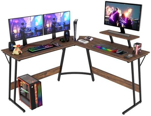 BestOffice Bureau Gaming d'angle 128x128x90cm Bureau en Forme de L Corner Table de Jeu avec Support pour écran avec Grand Bureau pour étudier（Marron）