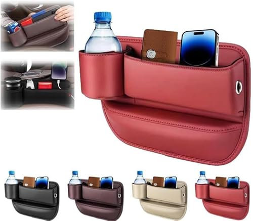 Usper Car Seat Gap Organiser with Cup Holder, Side Storage Box for Front Seat, PU Leather Gap Bag Accessories with USB Charge Hole for Phones (Wine Red, Driver)