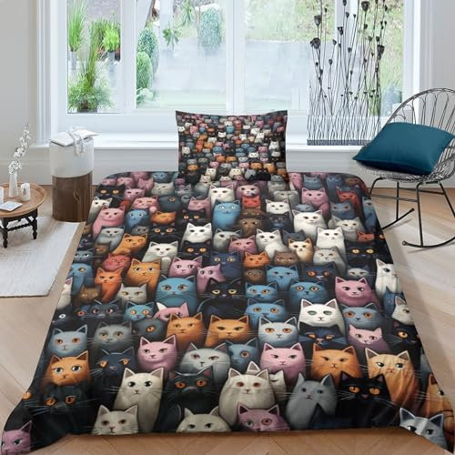 VUDBELAFC Anime Kat Bettbezug Set Bettwäsche-Sets Kinderbettwäsche Reißverschluss Mit Kissenbezügen Betten Set Für Jungen Und Mädchen, Kinder Single(1Tier5x200cm)