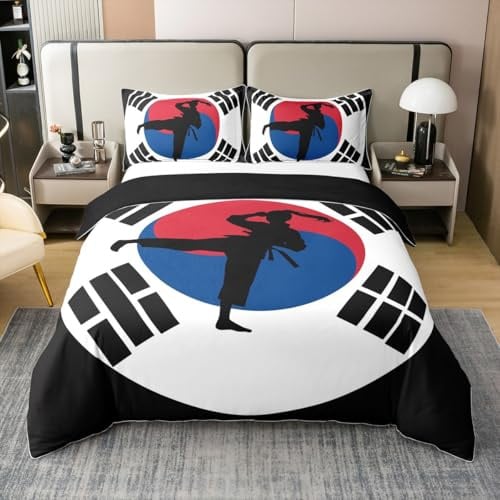 Loussiesd Kinder Taekwondo Baumwolle Bettwäsche Set 135x200cm Jungen Mädchen Karate Kungfu Betten Set Kampfkunst Bettbezug Set Koreanischer Flaggenstil Bettdeckenbezug