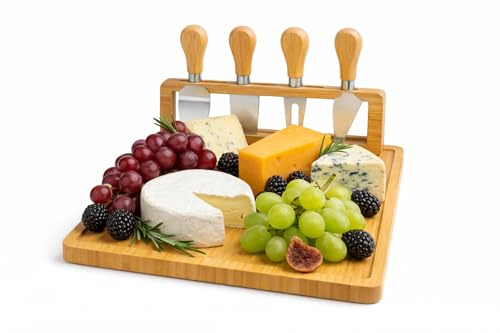 Bamboo Cheese Board Set with 4-Piece Butter Knife Set & Cutlery Holder – Includes Cheese Slicer, Pan Lifter, Cheese Fork & Knives – Sturdy & Safe for House Warming, Birthday Gift