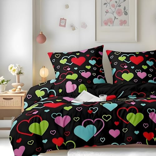 Gezu Housse de Couette 220x240 Cœur Rouge Noir Ado Adulte 3D Motif Imprimé Parure de Lit 2 Personnes avec Fermeture Éclair Housse Couette Filles en Microfibre Doux avec 2 Taies d'oreiller 65x65cm