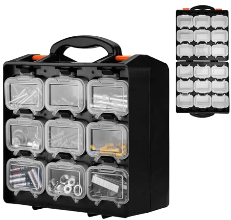 ValueMax Small Parts Organizer Box, Double-Sided Tool Box with 18 Removable Bins, Portable Screw & Parts Storage Case for Nuts, Bolts, and Hardware