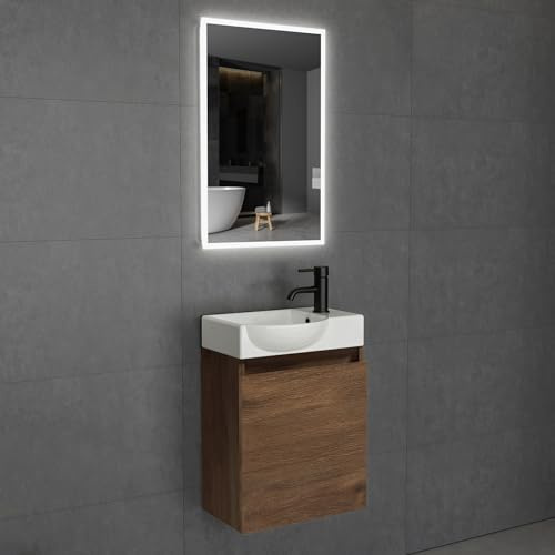 Alpenberger Waschbecken mit Unterschrank Gäste WC, LED Spiegel, Eiche | Kleiner Waschtisch mit Unterschrank hängend & Badspiegel 45x70 cm: Keramik, MDF, Soft-Close Tür, Überlauf, links Becken