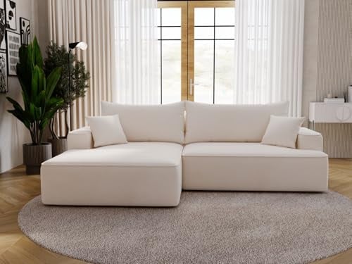 GRAINGOLD California Ecksofa mit Schlaffunktion & Bettkasten 270x165 cm, L-Form Sofa mit Stauraum, Schlafcouch für Wohnzimmer, Velour, 3-Sitzer Eckcouch, Modernes Design (Creme, Links)