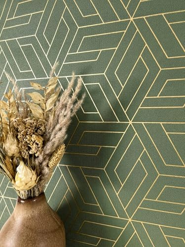 Newroom papier peint intissé vert motif losange chambre salon | hexagones dorés effet métallisé, style art déco glamour, texture textile fine, décoration murale, entrée