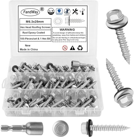 FandWay 100 Pièces Vis Autoforeuses de Toiture,M6,3x25mm Vis à Tôle Autotaraudese à Tete Hexagonale et Autoperceuse pour Toit en Métal Avec Rondelles EPDM et 1 Embout.