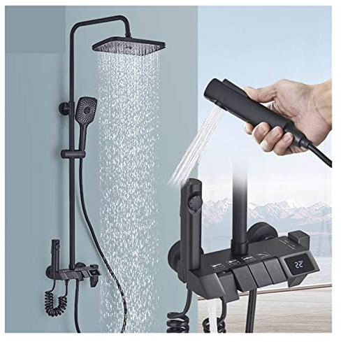 Juego de grifo de ducha, Juego de ducha Digital de Piano negro, grifos de baño de latón inteligentes, grifo de cascada frío y caliente, de ducha gris de lluvia(Grey A)