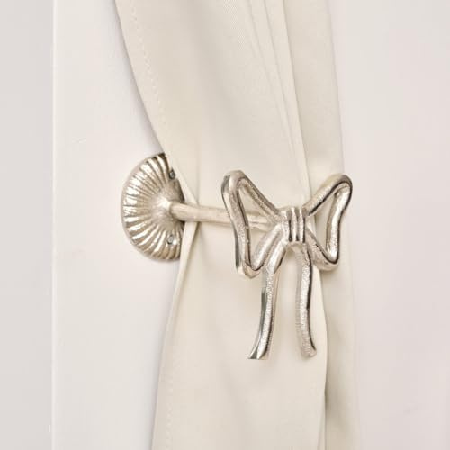 Melody Maison Set of 2 Silver Metal Bow Curtain Tie Backs
