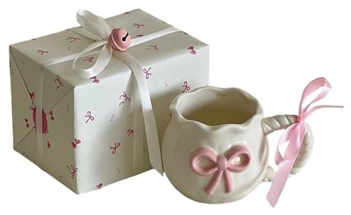 DAGLLGEW Ceramic Mug, Cute Bow Ceramic Coffee Mug with Creative Rope Handle for Home Office, Embossed Honey Pot Shaped Porcelain Cups, Bow Packaging Cup Travel Aesthetic Mugs
