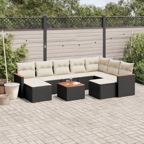 QJBSAVVA 10-TLG. Gartenmöbel Set Schwarz 62 x 62 x 69 cm Poly Rattan Ecksofa mit Akazienholztisch platzsparend für kleine Balkone Terrasse