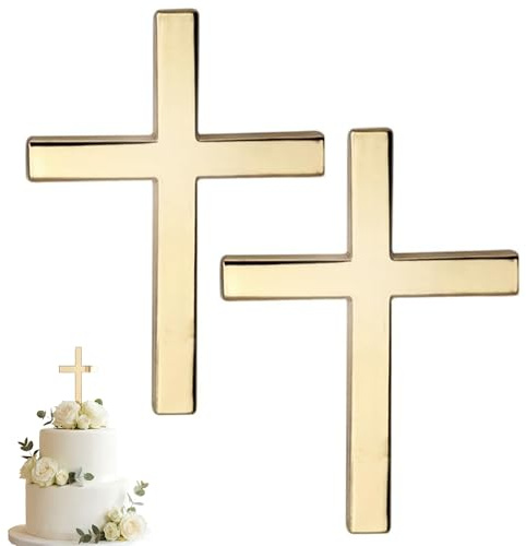 LEOUEANR 2 adornos de cruz para tartas, espejo acrílico para bautizo, decoración para comunión, boda y cumpleaños (dorado)
