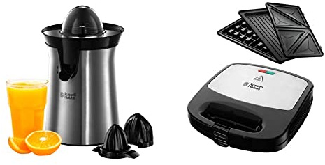 Russell Hobbs Presse Agrumes Electrique [Automatique: Jus de Fruit Frais Rapide] Classic (Inox Brossé, 2 Sens Rotation & Appareil Croque Monsieur [Multifonction 3en1] Fiesta (Gaufrier, Grill