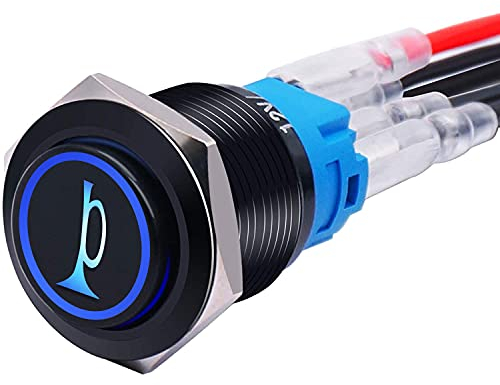 mxuteuk 19MM Raised Speaker Horn Momentan-hupenknopf 3/4 Montageloch 12V Blau LED-Licht Schwarz Edelstahlgehäuse 1NO 1NC SPDT mit vorverdrahtetem Kabelschalter für Fahrzeugmodifikation BKG19LB-BU