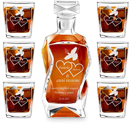 Maverton Set Decanter per Whisky in vetro - da 700 ml - incisione personalizzata - Caraffa con 6 bicchieri - idea regalo per l'anniversario - La colomba