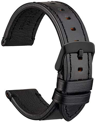 WOCCI 24mm Uhrenarmband für Business Uhren, Pull Up Leder, Matt Schwarze Schließe (Schwarz)