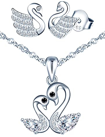 Yumilok Schmuckset für Damen Halskette & Ohrringe Set Liebe paar Schwan Kette Ohrstecker in 925 Sterling Silber Zirkonia