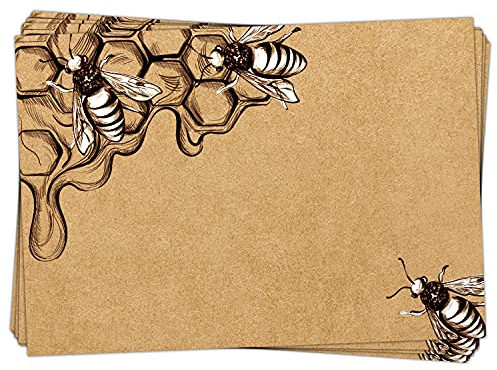 Honig-Aufkleber, 25er Set: Etikett Aufkleber für Honiggläser & Geschenke, Honigetiketten Glas, Klebeetiketten, Zum Beschriften & Selbst Gestalten, Sticker mit Bienen, Kraftpapier-Optik, 7,4 x 5,2 cm