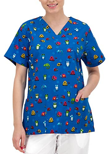 B-well Bambina Women's Slip-On Tunic, Short Sleeve, V-Neck Tunic, Women's Care Motif, Frogs, Large