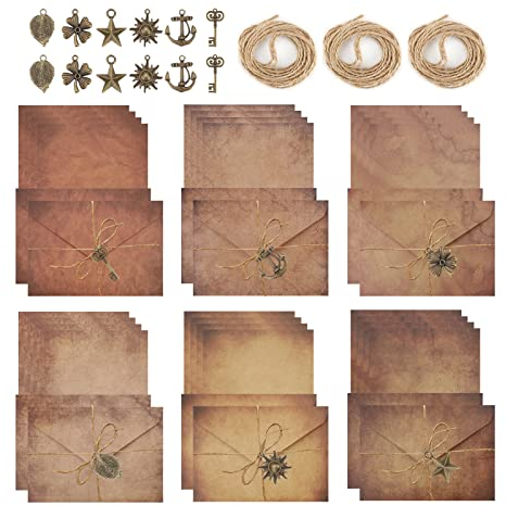 60 Stück Vintage Briefpapier Briefumschlag Set Altes Papier A5 kraft umschläge 24 Stück briefpapier A5 vintage 12 Stück Retro-Design Umschläge 12 Stück Metallbeschläge 12 Juteseil Antik-Kraftpapier