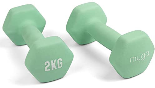 MYGA Hex Dumbbells - Pair of Neoprene & Cast Iron Hexagonal Dumbbell Hand Weights for Women and Men at Home & Gym - Weight: 2 kg