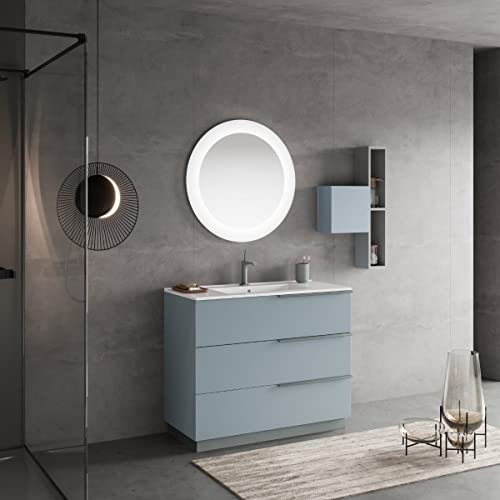 KIAMAMI VALENTINA - Mobile Bagno a Terra Con Lavabo 100CM | 3 Cassetti e Specchio Rotondo | Design Moderno ed Elegante | MDF Certificato FSC, Celeste Opaco, 100CM + Specchio Tondo, Ceramica