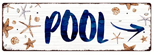 Interluxe Metallschild - Pool *Pfeil nach RECHTS* - Dekoschild wetterfest Maritim Wegweiser Muscheln Poolschild