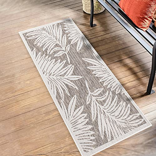payé Outdoor Teppich Wetterfest - 80x150cm Läufer - Beige Weiß - Pflanzen Muster - Teppiche für Terrasse Balkon Garten Indoor