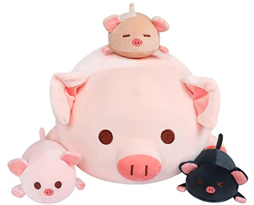 Achwishap Plüschschweinefamilie - Mama 49,6 cm mit 3 Schweinchen, 4 Stück, weiches Kawaii-Kissen, Kuschelspielzeug für Jungen und Mädchen (Rosa)