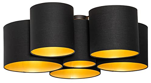 Qazqa - Modern Deckenleuchte I Deckenlampe I Lampe I Leuchte schwarz mit Gold I Messing innen 6 Lichter - MultiDrum mit Schirm I Wohnzimmer I Schlafzimmer - Textil Rund - LED geeignet E27
