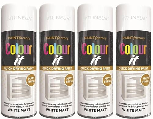 HitlineUK 4 x SPRAY PAINT WHITE 400ML COLOUR IT WHITE MATT FINISH SPRAY PAINT DECORATE WOOD METAL PLASTIC INTERIOR/EXTERIOR