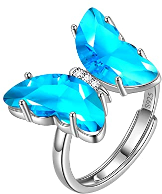 Aurora Tears Blauer Schmetterling Herz Ring Einstellbare Frauen 925 Sterling Silber Tier Schmetterlinge März Erstellt Aquamarin Birthstone Ring Kristall Hochzeit Geburtstag Schmuck DR0133M