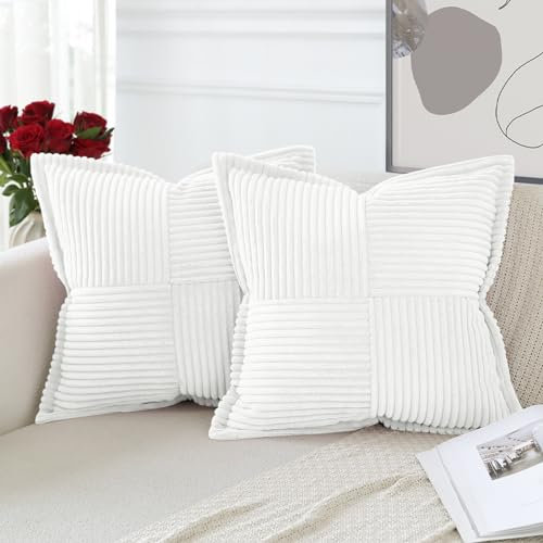 Artscope 2er Set Kordsamt Kissenbezüge Samtkissen Weich Dekokissen Dekorativ Kissenbezug Modern Kissenhülle Umwickelte Kante Sofakissen für Wohnzimmer Schlafzimmer Reines Weiß, 45x45cm