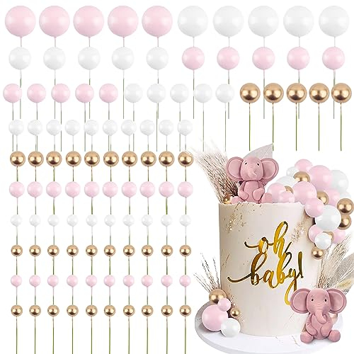 BETESSIN 105pcs Tortendeko Kugeln Rosa Happy Birthday Kuchendeko Schaumkugel Deko Torten Cupcake Topper Geburtstag Babyparty Hochzeit Kuchen Dekoration Kuchenaufsatz Gold Weiß 1,5cm-4cm