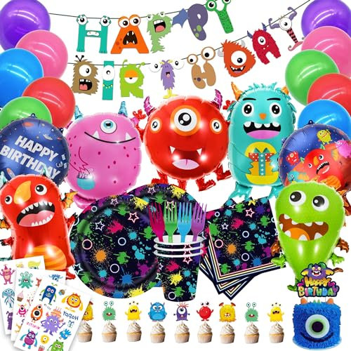 Monster Party Supplies, Monster Birthday Decorations - Monster balloons, paper plates, napkins, cups, cupcake & cake toppers, birthday banner, tattoos