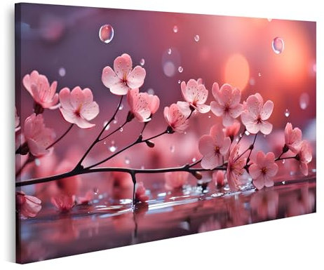 islandburner Tableau sur toile Arbre Branche Fleurs Rose Fleurs de Cerisier Sakura Eau Gouttes Éclaboussures Réflexion Photos murales Poster