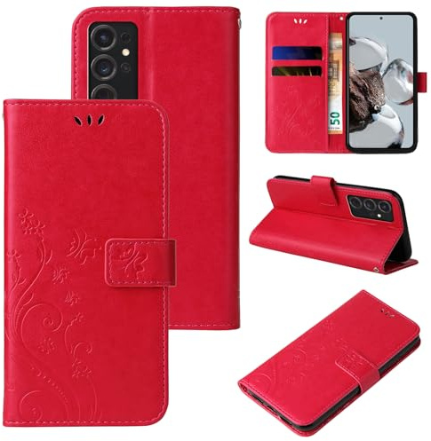 LBH Handy Hülle für Samsung Galaxy S24 Ultra Case Handytasche Schmetterling Blumen Flower Standfunktion Schutzhülle Magnet Rundum Schutz 360 Grad Flipcase Cover Rot