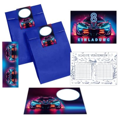 Minkocards 12 Einladungskarten zum 8. Kindergeburtstag Junge Auto Rennauto Einladungen achte Jungsgeburtstag incl. 12 Umschläge, 12 Partytüten/blau, 12 Aufkleber, 12 Lesezeichen, 12 Schiffe versenken